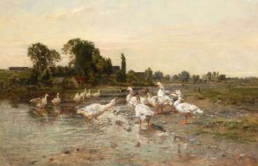 BAISCH, Hermann: flock of Geese on the Creek. BAISCH, Hermann: flock of Geese on the Creek.