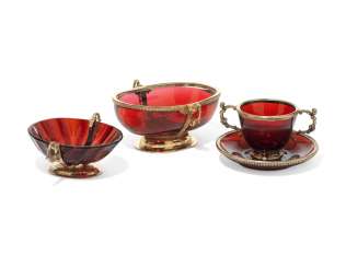 TWO GERMAN SILVER-GILT MOUNTED RUBY-GLASS TWO-HANDLED BOWLS AND A CUP AND SAUCER TWO GERMAN SILVER-GILT MOUNTED RUBY-GLASS TWO-HANDLED BOWLS AND A CUP AND SAUCER