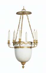 AN EMPIRE ORMOLU AND FROSTED GLASS SIX-LIGHT CHANDELIER AN EMPIRE ORMOLU AND FROSTED GLASS SIX-LIGHT CHANDELIER
