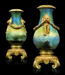 A PAIR FRENCH ORMOLU-MOUNTED FLAMBE-GLAZED PORCELAIN VASES A PAIR FRENCH ORMOLU-MOUNTED FLAMBE-GLAZED PORCELAIN VASES