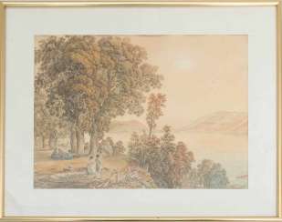 GABRIEL LORY, ON the WOODED SHORE, watercolor drawing on paper, behind glass. GABRIEL LORY, ON the WOODED SHORE, watercolor drawing on paper, behind glass.