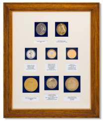 A FRAMED DISPLAY OF EIGHT PRESENTATION CRICKET MEDALS, COMPRISING: A FRAMED DISPLAY OF EIGHT PRESENTATION CRICKET MEDALS, COMPRISING: