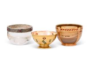 THREE GEM-SET AND ENAMEL SILVER, GOLD AND HARDSTONE MINIATURE BOWLS THREE GEM-SET AND ENAMEL SILVER, GOLD AND HARDSTONE MINIATURE BOWLS