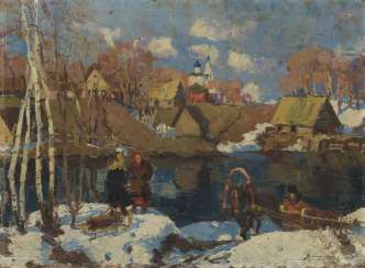 Early Spring in a Village, signed and dated 1924. Early Spring in a Village, signed and dated 1924.