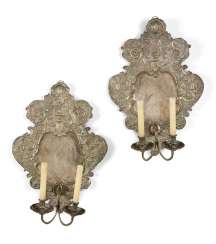 A PAIR OF GERMAN SILVERED-BRASS TWIN-BRANCH WALL-LIGHTS A PAIR OF GERMAN SILVERED-BRASS TWIN-BRANCH WALL-LIGHTS