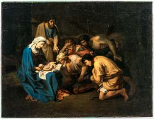 Impressive painting of the adoration of the shepherds in the succession of Nicolas Poussin (1594-1665) Impressive painting of the adoration of the shepherds in the succession of Nicolas Poussin (1594-1665)
