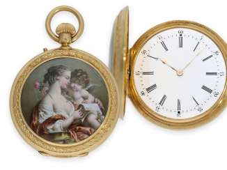 Pocket watch: fine Gold/enamel-Savonnette with paintings in the finest magnifying glass painting, top quality, Albinet & Coullon Paris, No. 2090, CA. 1870 Pocket watch: fine Gold/enamel-Savonnette with paintings in the finest magnifying glass painting, top quality, Albinet & Coullon Paris, No. 2090, CA. 1870