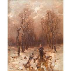 THOMASSIN, DÉSIRÉ (also: Thomassin-Renardt, Vienna 1858-1933 Munich), "Young woman on a snowy avenue", THOMASSIN, DÉSIRÉ (also: Thomassin-Renardt, Vienna 1858-1933 Munich), "Young woman on a snowy avenue",