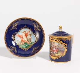 Lidded porcelain cup and saucer with shepherdess and mythological scene Lidded porcelain cup and saucer with shepherdess and mythological scene