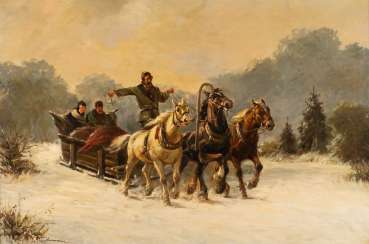 POLISH PAINTER Active in the 20th century Troika in winter Oil on canvas. 60 cm x 90 cm. Frame. Illegibly signed lower left. Part. Min. damaged POLISH PAINTER Active in the 20th century Troika in winter Oil on canvas. 60 cm x 90 cm. Frame. Illegibly signed lower left. Part. Min. damaged