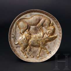 Rare Avar partially gilded silver plate with an animal fight scene, Pannonia, approx. 8th century Rare Avar partially gilded silver plate with an animal fight scene, Pannonia, approx. 8th century