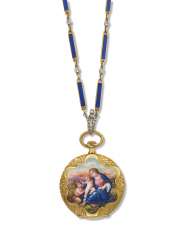 VACHERON CONSTANTIN, 18K GOLD KEYLESS LEVER PENDANT WATCH WITH CHAIN, ENAMEL MINIATURE VACHERON CONSTANTIN, 18K GOLD KEYLESS LEVER PENDANT WATCH WITH CHAIN, ENAMEL MINIATURE