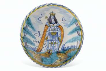 AN ENGLISH DELFT BLUE-DASH DATED AND INITIALED ROYAL PORTRAI... AN ENGLISH DELFT BLUE-DASH DATED AND INITIALED ROYAL PORTRAI...