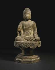 A PAINTED WHITE MARBLE FIGURE OF BUDDHA A PAINTED WHITE MARBLE FIGURE OF BUDDHA
