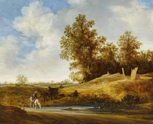 Moscher, Jacob van. River landscape with horsemen at the foot of a forest piece. Moscher, Jacob van. River landscape with horsemen at the foot of a forest piece.