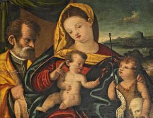 Italian Champion. The Holy family with Saint John in front of landscape background. Italian Champion. The Holy family with Saint John in front of landscape background.
