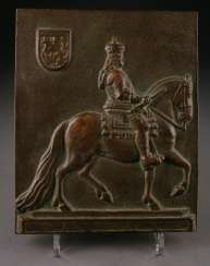 BRONZE relief panel 'Jan Wellem on horseback with the düsseldorf coat of arms' in German, 20. Century BRONZE relief panel 'Jan Wellem on horseback with the düsseldorf coat of arms' in German, 20. Century