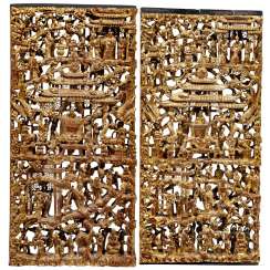 Two high-quality large temple reliefs, China, Fukien province, Tongzhi era, approx. 1860-70 Two high-quality large temple reliefs, China, Fukien province, Tongzhi era, approx. 1860-70