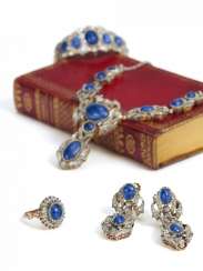 SAPPHIRE AND DIAMOND PARURE: BRACELET, RING, EARRING, NECKLACE SAPPHIRE AND DIAMOND PARURE: BRACELET, RING, EARRING, NECKLACE