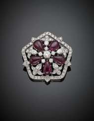Round diamond and pear shape cabochon ruby white gold brooch Round diamond and pear shape cabochon ruby white gold brooch