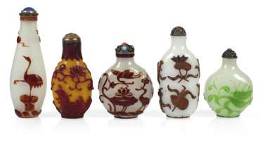 Fünf Snuffbottles, Pekingglas, Fünf Snuffbottles, Pekingglas,