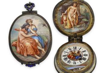 Pocket watch / neck watch: very fine, exceptionally large Viennese neck watch with a total of 5 paintings, fine enamel painting, approx. 1820 Pocket watch / neck watch: very fine, exceptionally large Viennese neck watch with a total of 5 paintings, fine enamel painting, approx. 1820