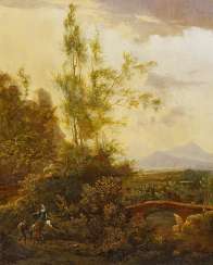 Moucheron, Frederic de. Wide, mountainous landscape with travellers. Moucheron, Frederic de. Wide, mountainous landscape with travellers.