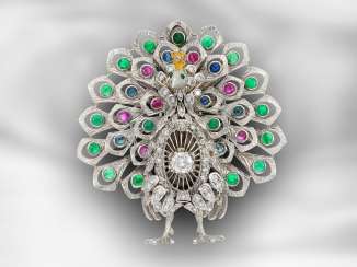 Brooch / needle: unusual, probably unique vintage goldsmith work with colored stones and diamonds, motif "peacock" Brooch / needle: unusual, probably unique vintage goldsmith work with colored stones and diamonds, motif "peacock"