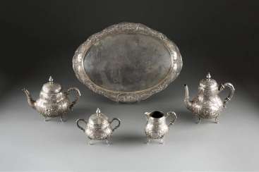 FOUR-PIECE TEA AND COFFEE SERVICE ON TRAY FOUR-PIECE TEA AND COFFEE SERVICE ON TRAY