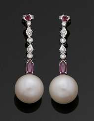 Pair of elegant South sea pearl drop earrings with rubies Pair of elegant South sea pearl drop earrings with rubies
