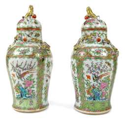 Pair of cover vases made of porcelain with birds and flowers in cartouches, dragon and lion knob Pair of cover vases made of porcelain with birds and flowers in cartouches, dragon and lion knob