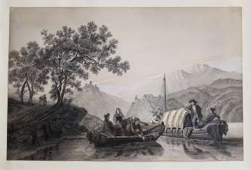 Deutsche Romantische Künstler um 1840, Boote am Fluss, Bleistift mit Wäsche auf Papier, signiert unten rechts, Deutsche Romantische Künstler um 1840, Boote am Fluss, Bleistift mit Wäsche auf Papier, signiert unten rechts,