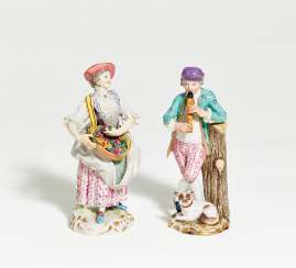 Porcelain figurines of shepherdess with flute and female gardener Porcelain figurines of shepherdess with flute and female gardener