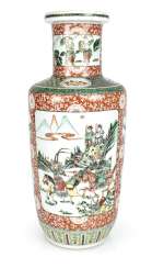 Rouleau Vase with decor of two novel scenes in the colours of the 'Famille verte' Rouleau Vase with decor of two novel scenes in the colours of the 'Famille verte'