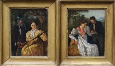 Matthias Rudolf Toma (1792-1869), A pair of paintings showing a couple with fruits in landscape and two ladies making music with a child in landscape Matthias Rudolf Toma (1792-1869), A pair of paintings showing a couple with fruits in landscape and two ladies making music with a child in landscape