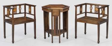 Chinese tea table and Pair of armchairs Chinese tea table and Pair of armchairs