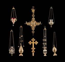 LECTURE, CROSS, CANDLESTICKS, TWO ICON LAMPS AND THREE INCENSE BARRELS LECTURE, CROSS, CANDLESTICKS, TWO ICON LAMPS AND THREE INCENSE BARRELS