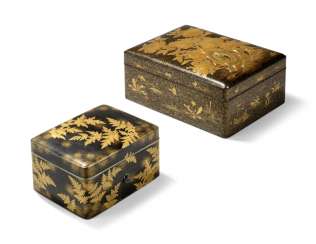 TWO JAPANESE GOLD AND BLACK LACQUER BOXES TWO JAPANESE GOLD AND BLACK LACQUER BOXES