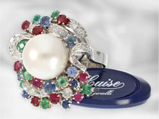 Anneau: magnifique Concepteur Goldschmiedering avec une grande Perle et Brillant/Farbsteinbesatz, italienne à la Main, jamais porté Anneau: magnifique Concepteur Goldschmiedering avec une grande Perle et Brillant/Farbsteinbesatz, italienne à la Main, jamais porté