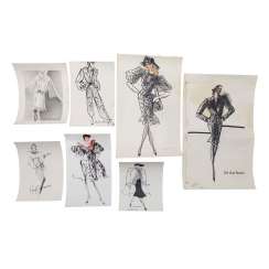 7 design drawings for women's dresses, Yves Saint-Laurent and others, 1980s, 7 design drawings for women's dresses, Yves Saint-Laurent and others, 1980s,