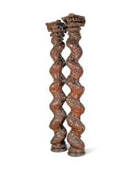 A PAIR OF SPANISH CARVED WALNUT SOLOMONIC COLUMNS A PAIR OF SPANISH CARVED WALNUT SOLOMONIC COLUMNS