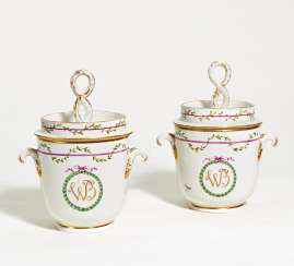 Pair of porcelain ice buckets with monogram Pair of porcelain ice buckets with monogram