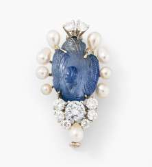 Saphir-Diamant-Perlen-Brosche Saphir-Diamant-Perlen-Brosche