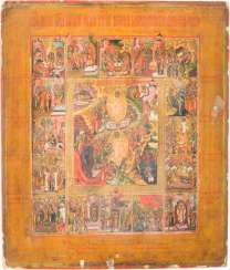 A FINE ICON OF THE DESCENT INTO HELL AND DELIVERANCE OF THE FOREFATHERS FROM THE HADES AND OF THE RESURRECTION OF CHRIST, WITH 16 HIGH-STRENGTH MINIATURE PAINTING A FINE ICON OF THE DESCENT INTO HELL AND DELIVERANCE OF THE FOREFATHERS FROM THE HADES AND OF THE RESURRECTION OF CHRIST, WITH 16 HIGH-STRENGTH MINIATURE PAINTING