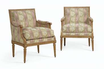 A PAIR OF LOUIS XVI GILTWOOD BERGERES A PAIR OF LOUIS XVI GILTWOOD BERGERES