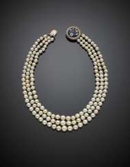 Three strand natural salt water graduated pearl necklace with pearl diam. from mm 5.75 to mm 9.20 circa and yellow 9K gold Three strand natural salt water graduated pearl necklace with pearl diam. from mm 5.75 to mm 9.20 circa and yellow 9K gold