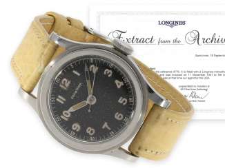 Wristwatch: early Longines with center seconds and "Tropical Dial", with extract from the archives, delivered to Wittnauer in 1941 Wristwatch: early Longines with center seconds and "Tropical Dial", with extract from the archives, delivered to Wittnauer in 1941