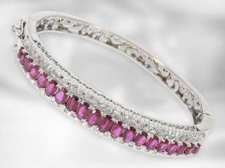 Bangle: white gold, decoratively designed vintage bangle with rubies and diamonds, around 1950 Bangle: white gold, decoratively designed vintage bangle with rubies and diamonds, around 1950