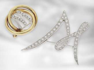Brooch / needle: 2 high quality monogram brooches set with diamonds, letters "W" / "M", 14K and 18K gold, handcraft, 2.1ct diamonds! Brooch / needle: 2 high quality monogram brooches set with diamonds, letters "W" / "M", 14K and 18K gold, handcraft, 2.1ct diamonds!