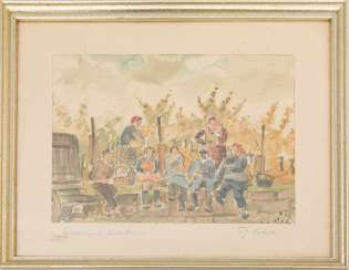 FRITZ LEDERER. Breakfast break, watercolour on paper, behind glass, signed. FRITZ LEDERER. Breakfast break, watercolour on paper, behind glass, signed.